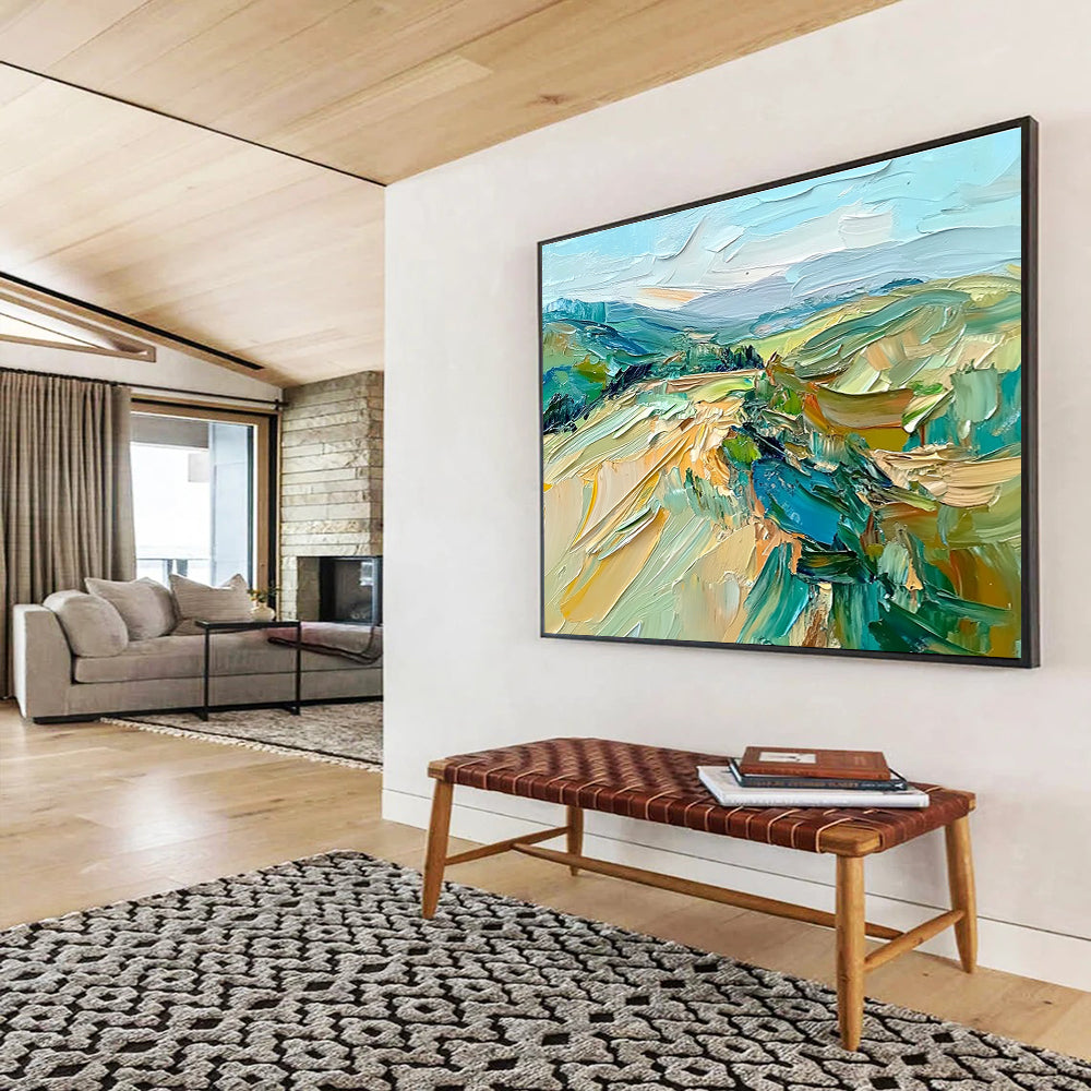 Large abstract oil painting of the French countryside featuring impasto strokes in green, blue, beige, and brown for a natural earthy feel.SC127