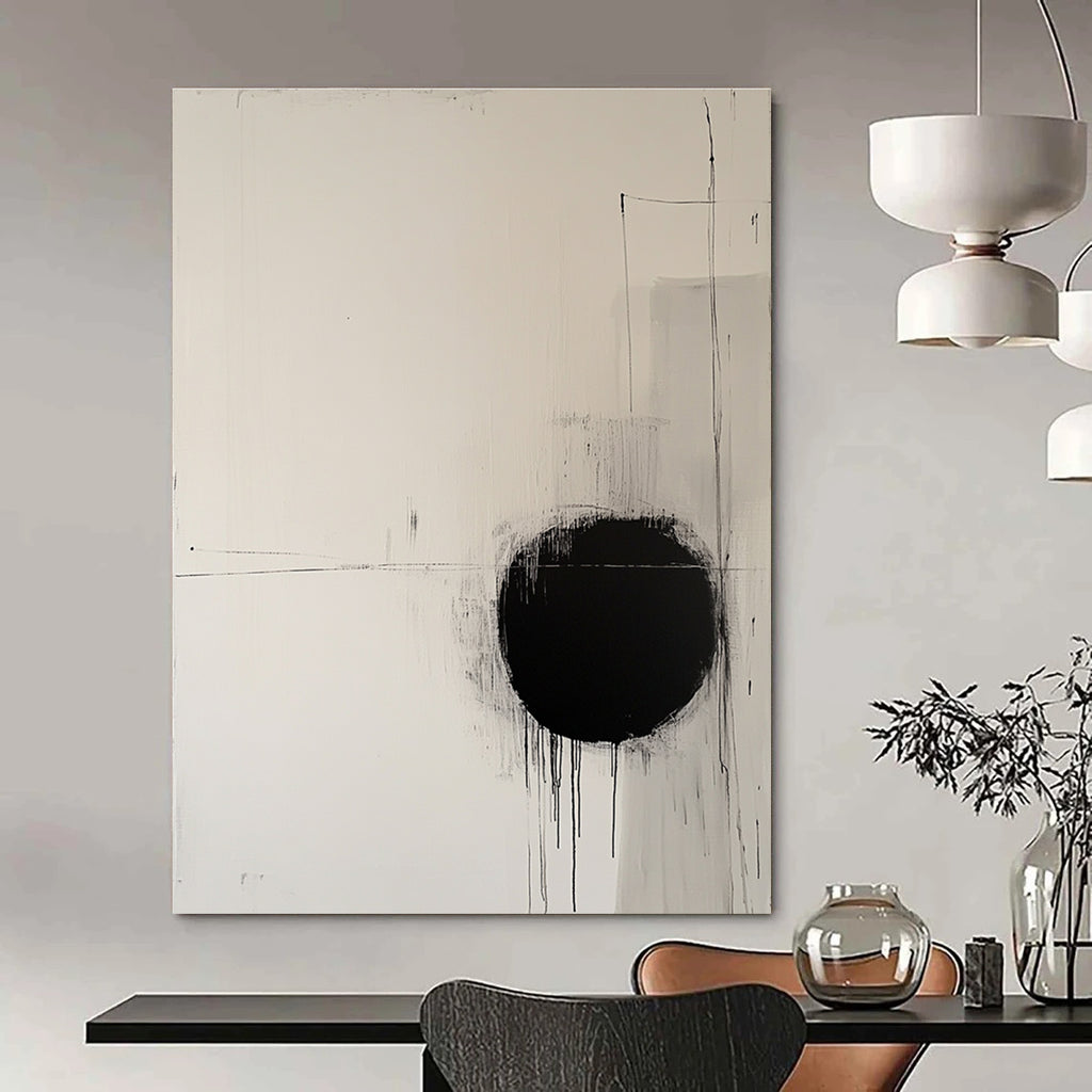Large abstract painting featuring a round black circle on off-white canvas surrounded by delicate lines evoking movement and tranquility.STSC1067