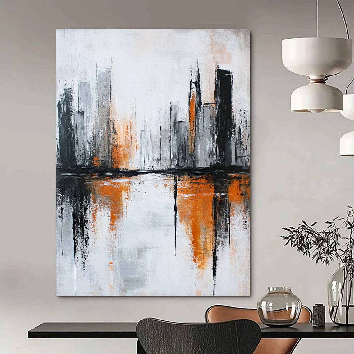 Large abstract painting featuring a river in an urban landscape with orange and gray accents highlighting themes of decay and modern art.STSC406