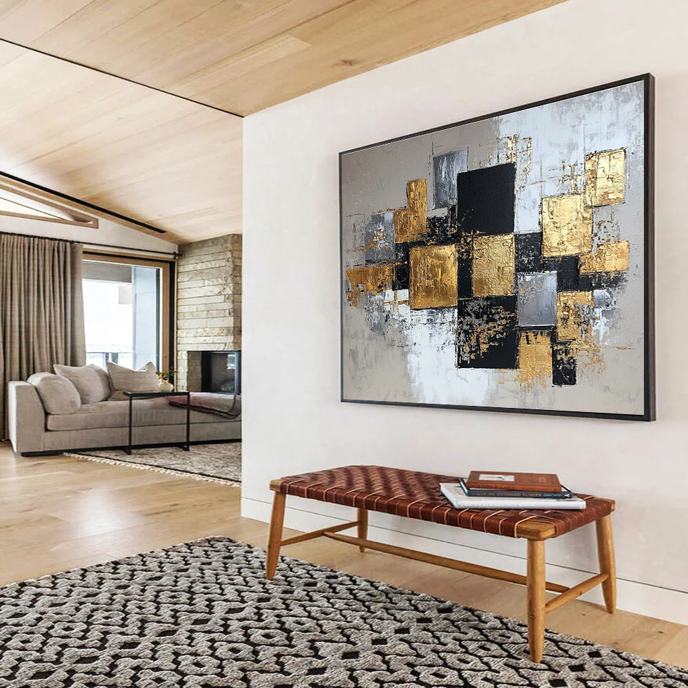 An abstract modern painting featuring elegant gold, silver, and gray squares on canvas, creating a sophisticated composition for any space.SC318