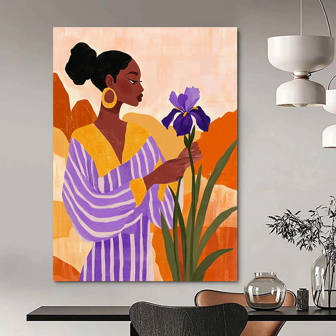 A large abstract painting featuring an African American woman with an iris flower in a vibrant desert landscape, styled with vintage aesthetics and textured elements.STSC535