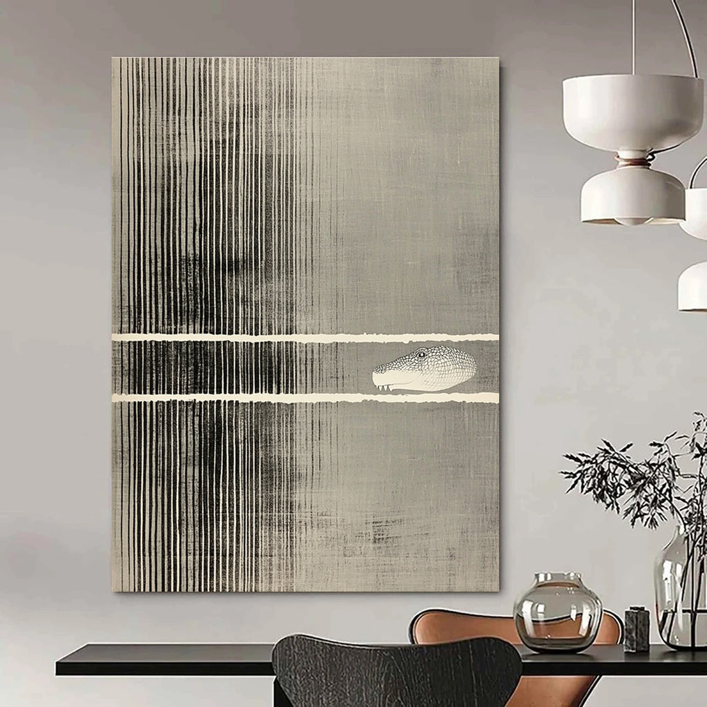 Abstract striped artwork featuring a cut-out section revealing a crocodile's head on a gray background with vertical lines.STSC1183