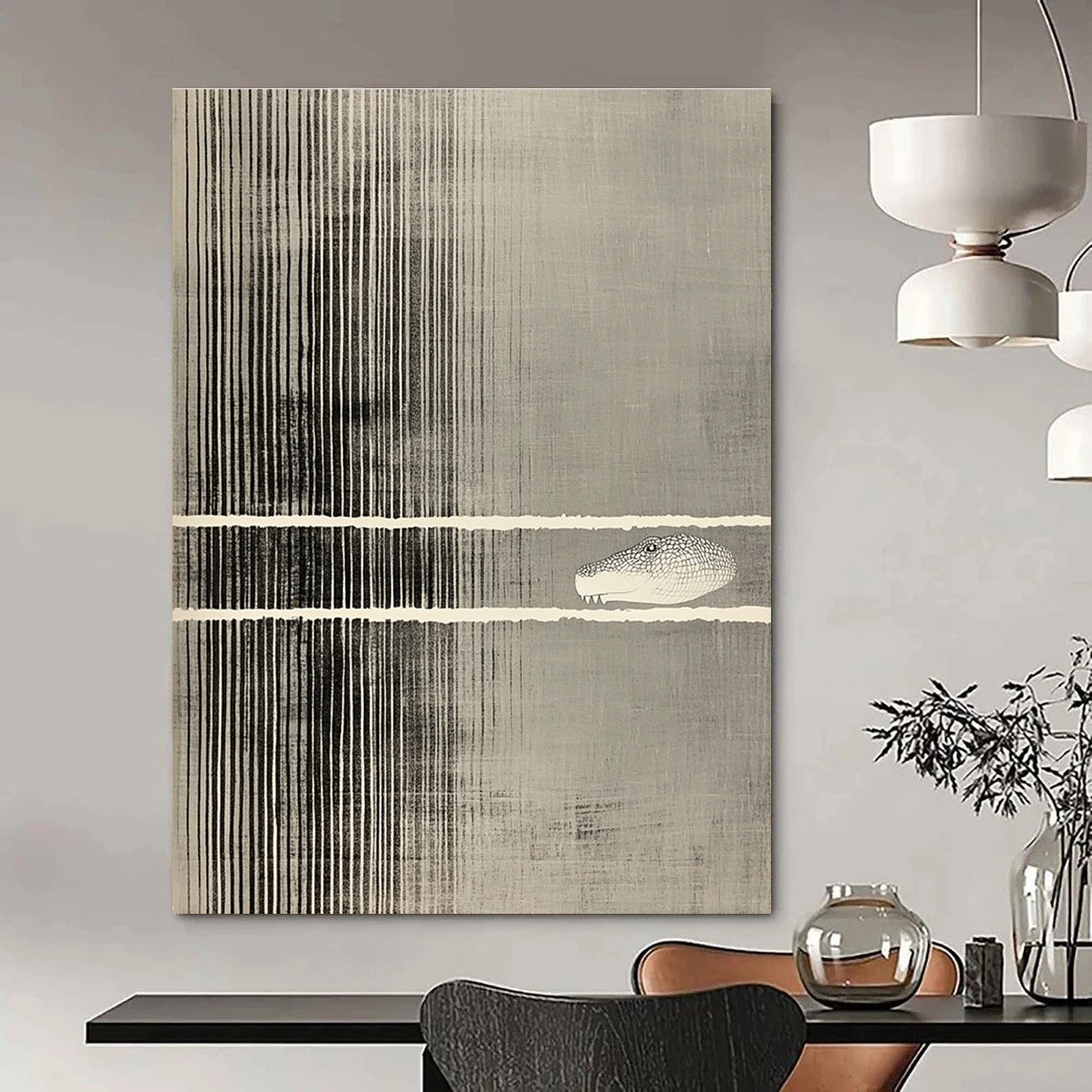 Abstract striped artwork featuring a cut-out section revealing a crocodile's head on a gray background with vertical lines.STSC1183