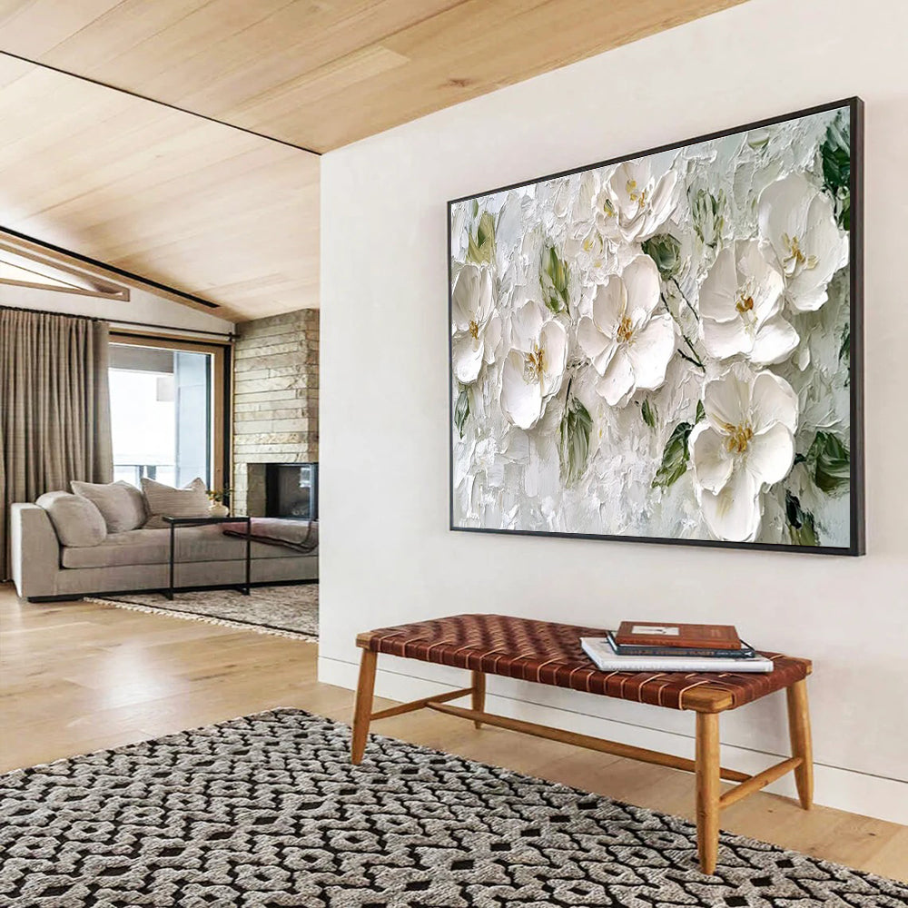 White Floral Texture Abstract Painting with Subtle Green Accents THY304