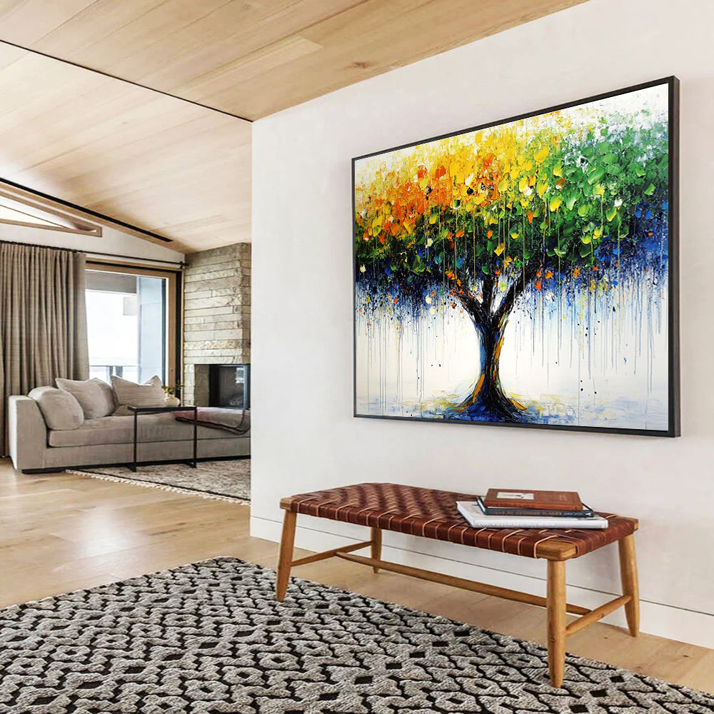 Large abstract tree painting featuring bold green yellow and blue brush strokes with distant trees and raindrop-dotted leaves on a vibrant summer day.SC285