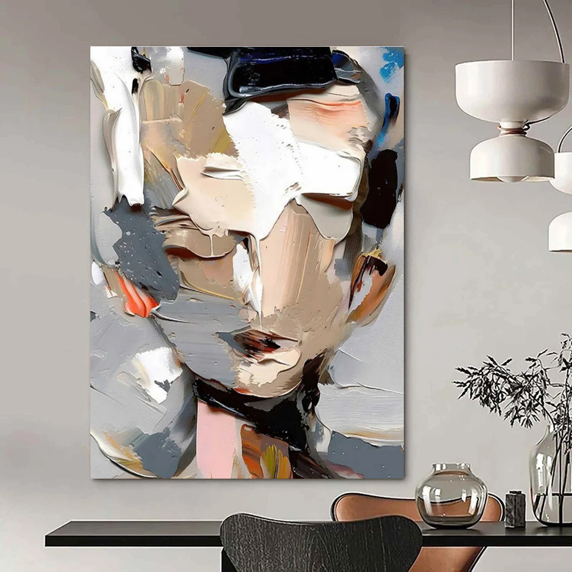 Color - layered Portrait Abstract Painting with Gray and Beige ADGE320