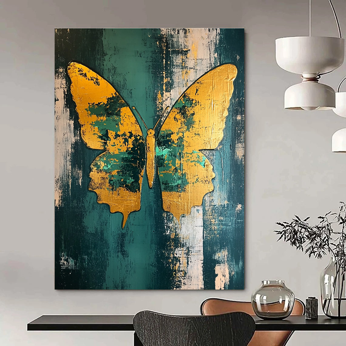 Large abstract painting of a butterfly featuring gold leaf accents in teal and green on a distressed background.STSC280