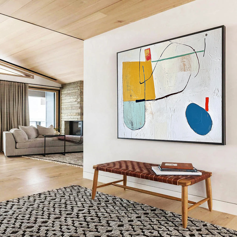 A large abstract painting featuring a yellow block, blue oval line, and colorful shapes on a textured white background.SC298