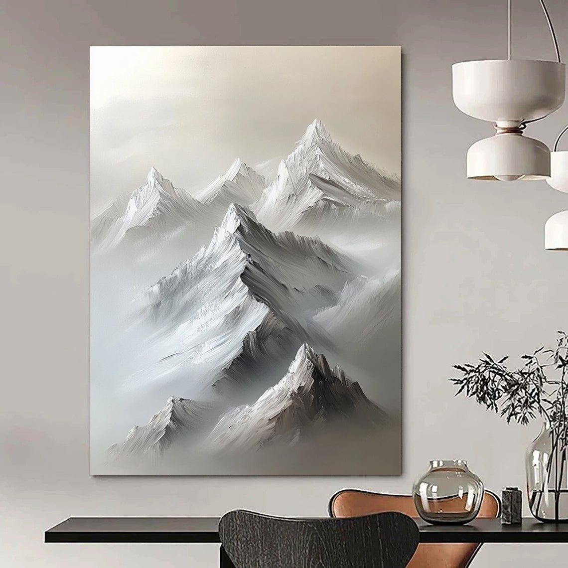 Large abstract painting of a white mountain range with gray snow peaks featuring heavy brush strokes and a minimalist neutral color palette.STSC1254