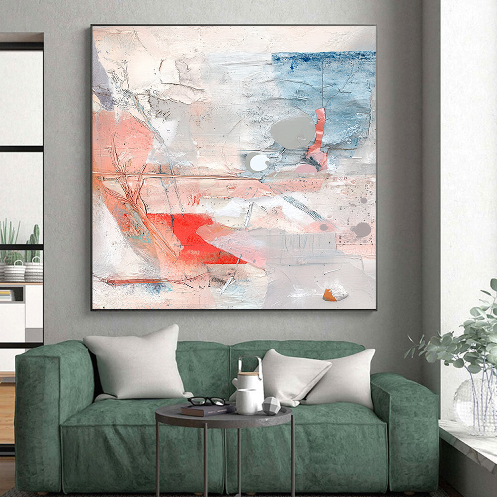 Mixed Media Abstract Collage with Pink Blue and Gray Tones GER194