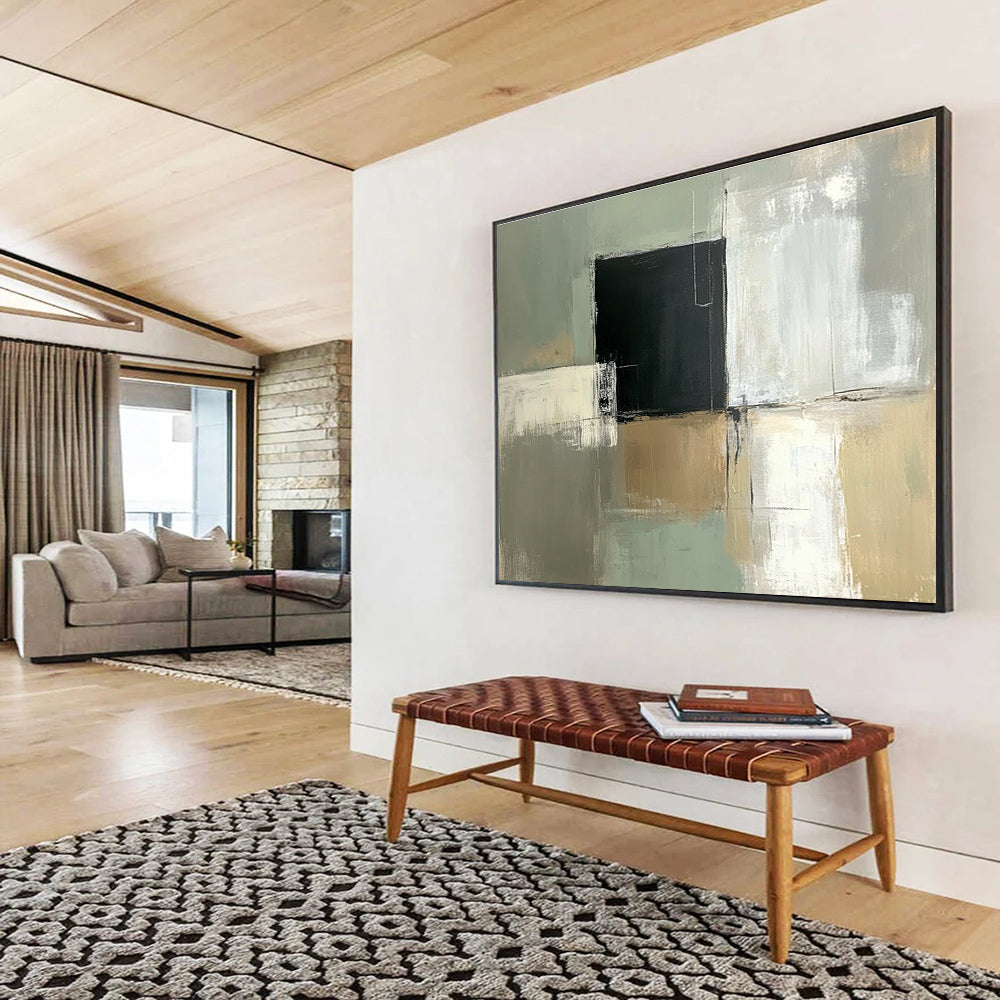 Large abstract painting featuring a pale green and white color scheme with a central black square and simple lines on a grey background.SC210