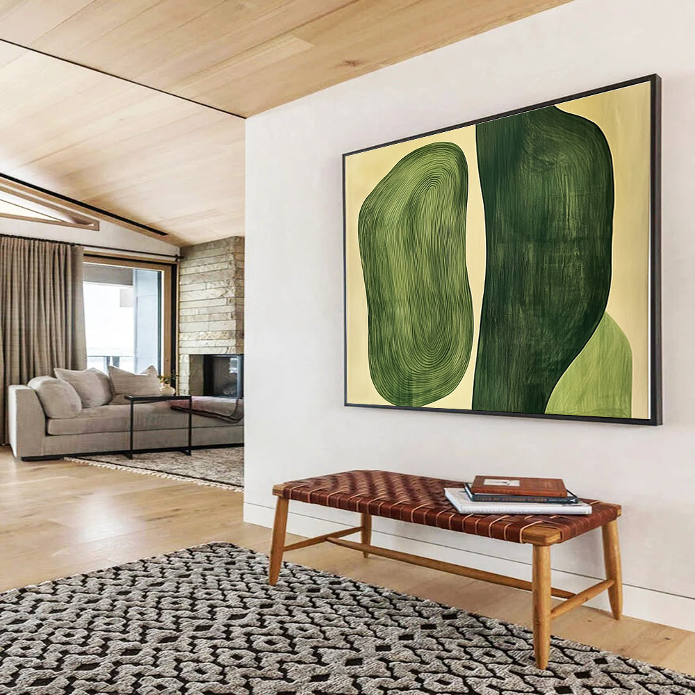 Large abstract painting featuring two organic green shapes, one flat and the other with raised wood grain texture.SC204