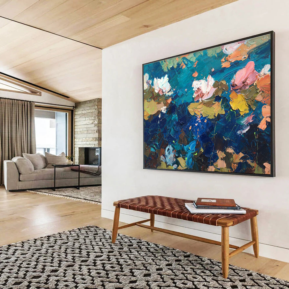 Blue Pink Water Lilies Abstract Painting THY482