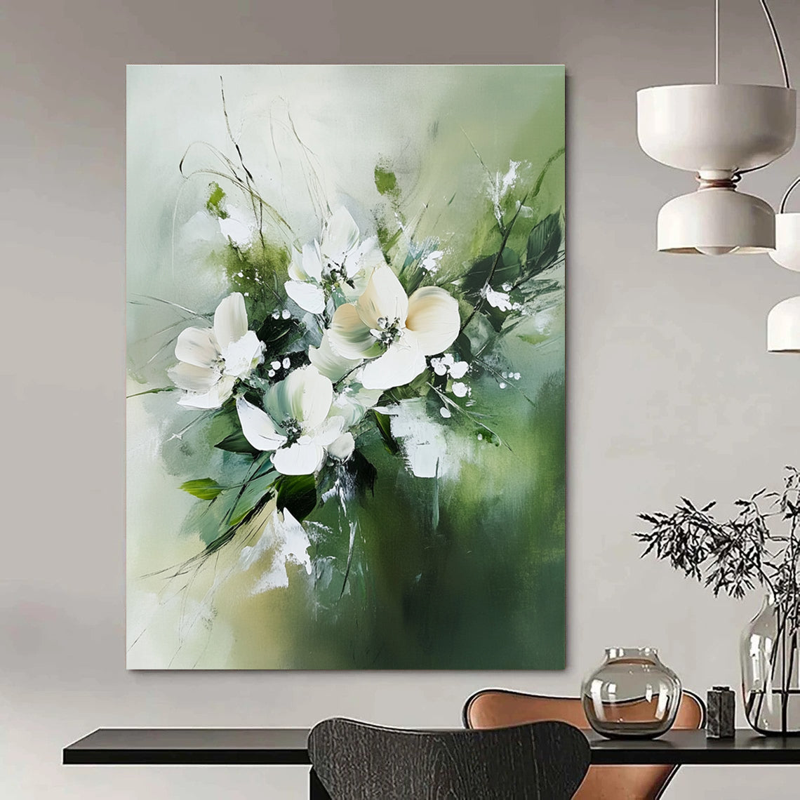Large abstract painting featuring white flowers and green leaves in neutral tones against a soft green blurry background.STSC365