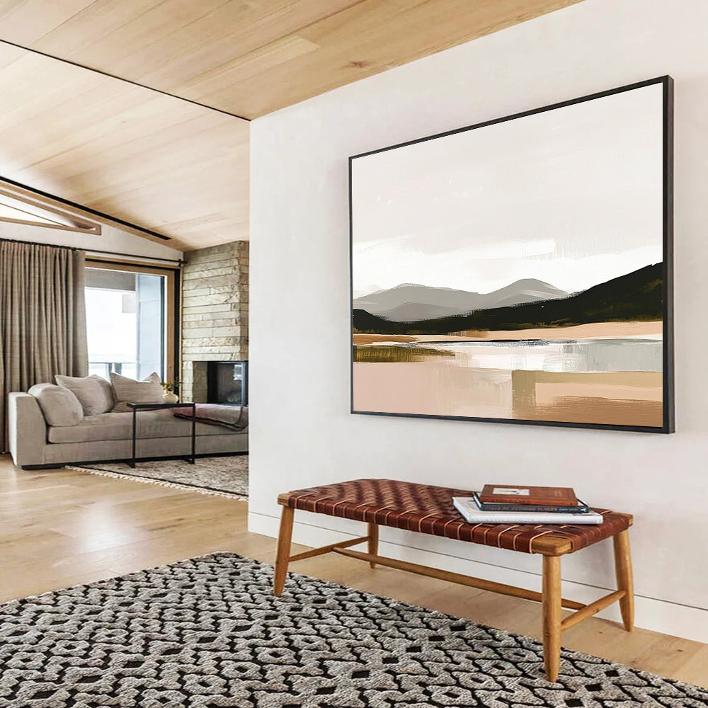 Large abstract painting in muted colors and neutral tones with thick brush strokes inspired by the Scottish Highlands on a beige background.SC081