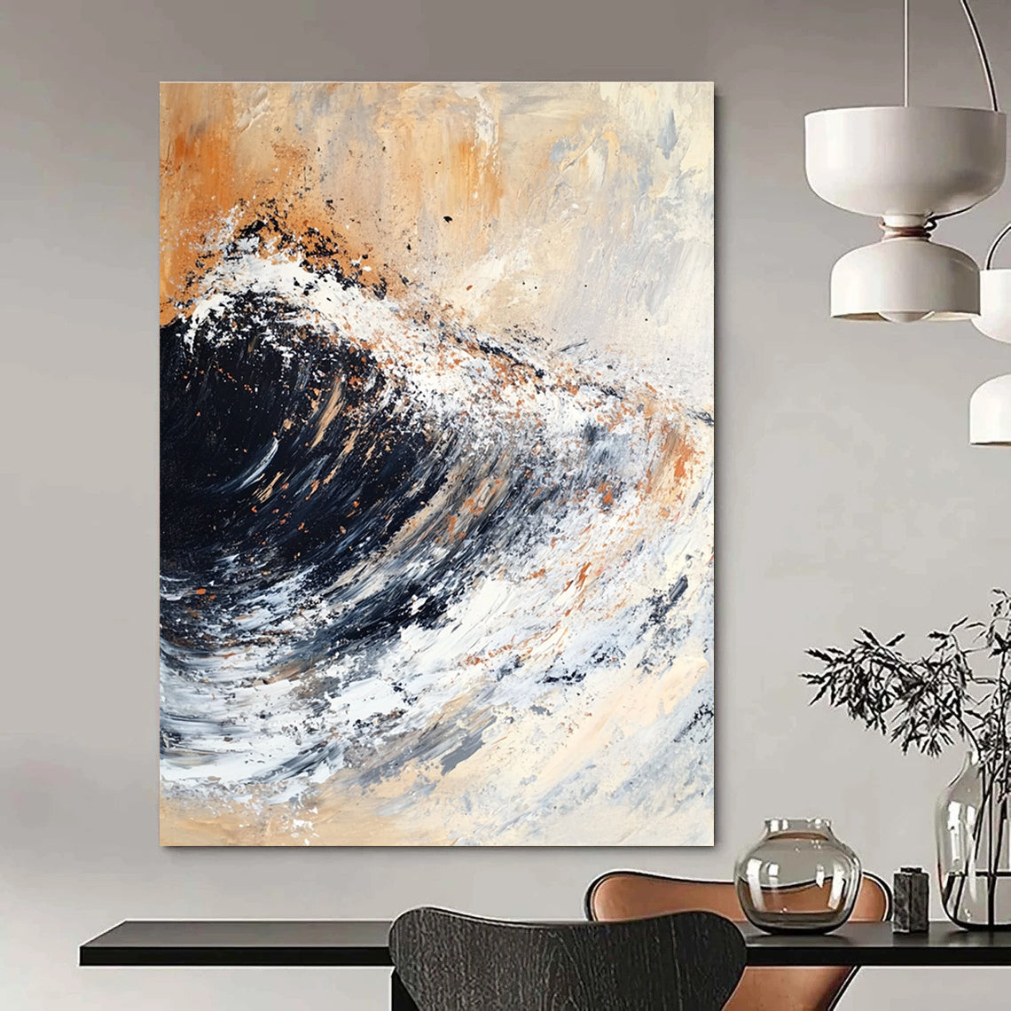 Large abstract painting featuring textured brush strokes of black and white with rusty orange and brown accents.STSC140