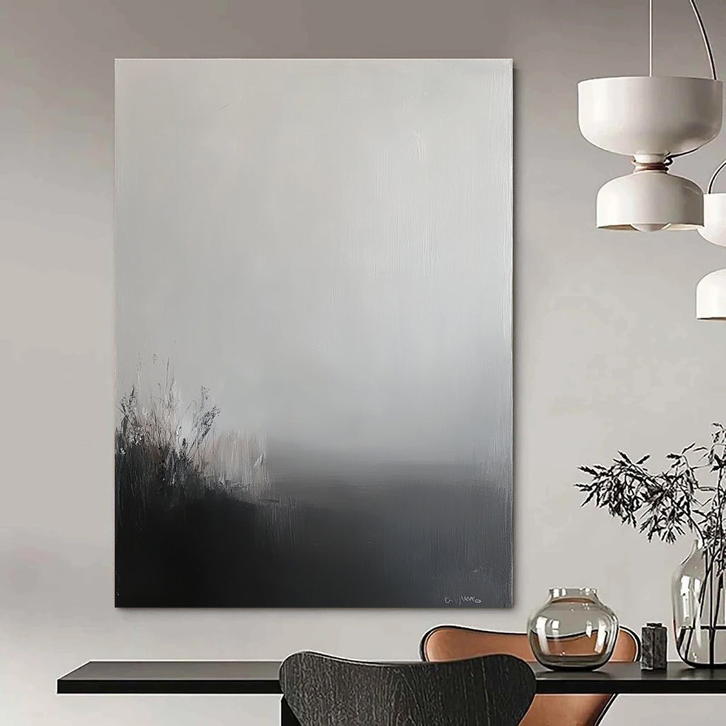 Large abstract painting featuring a grey sky and misty landscape in soft tones and neutral colors creating a calming and contemplative atmosphere.STSC288