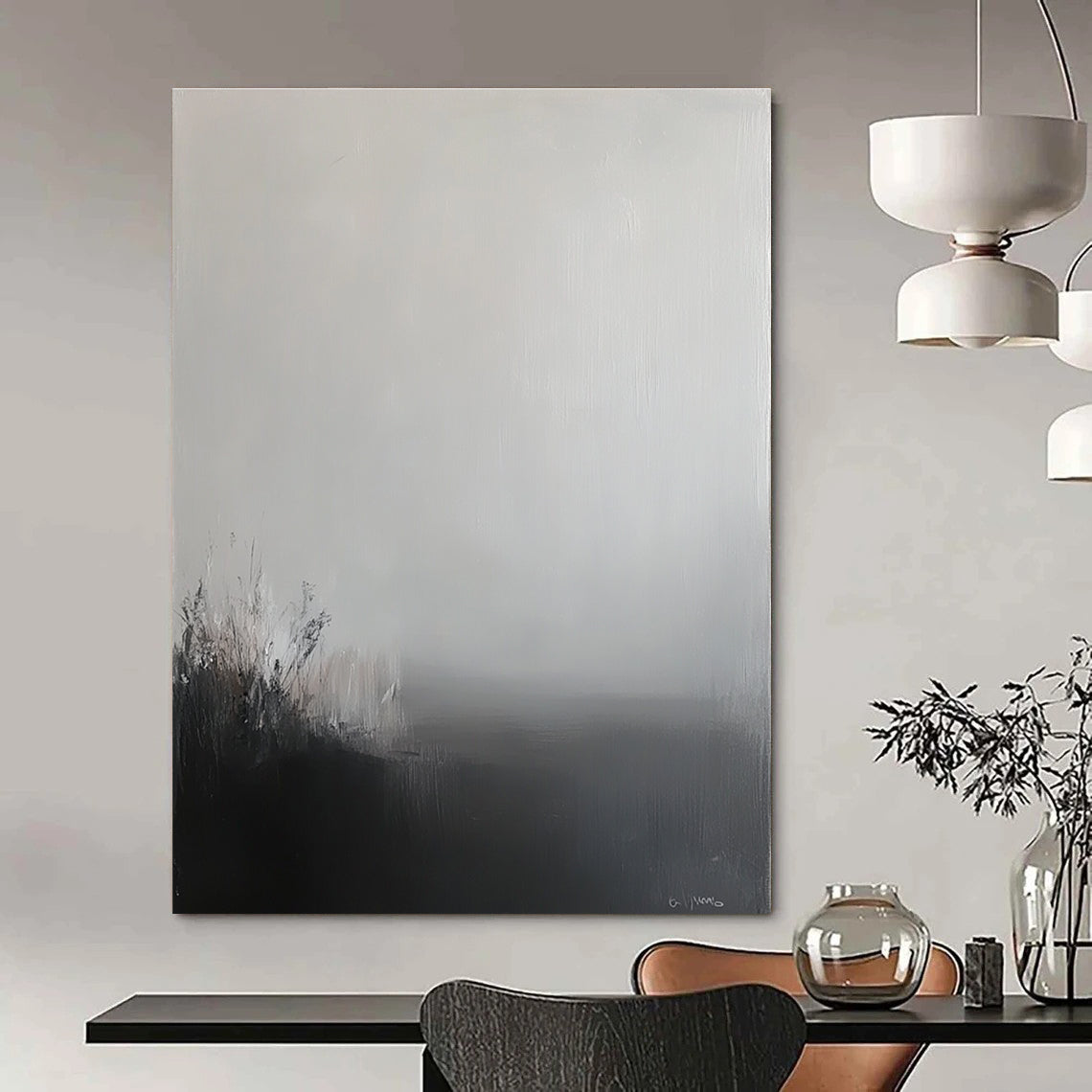 Large abstract painting featuring a grey sky and misty landscape in soft tones and neutral colors creating a calming and contemplative atmosphere.STSC288