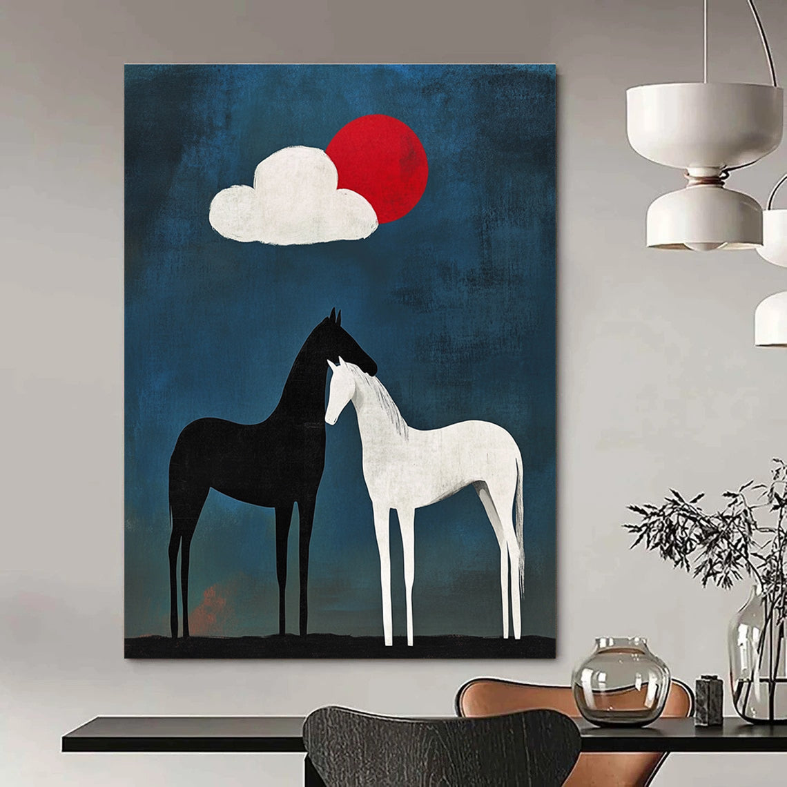 Large abstract painting featuring a black horse with white legs and tail beside another horse under an egg-shaped cloud against a blue background with a red sun.STSC916