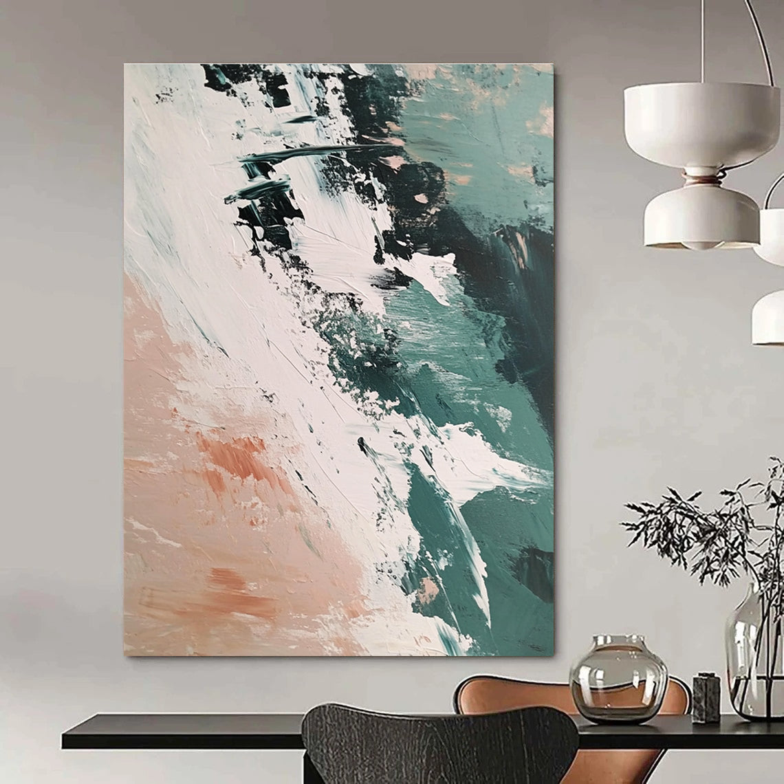 Large abstract painting capturing the Arctic sea's ice and earth with vibrant brush strokes in a beige teal and pink palette.STSC1437