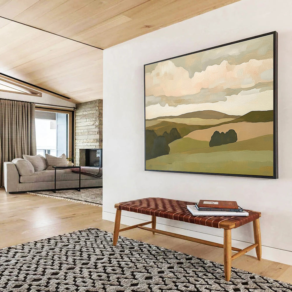 Minimalist Hill Landscape Abstract Painting with Green and Beige Tones DYP563