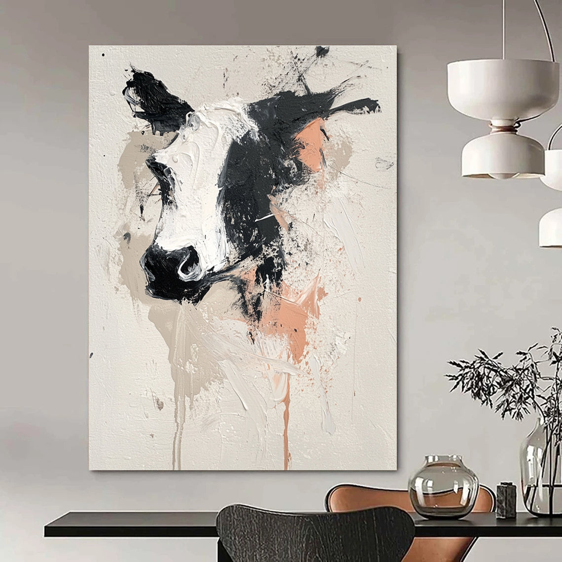 Large abstract painting featuring an animal design on white background with gray black pink and beige hues and expressive thick brush strokes.STSC048