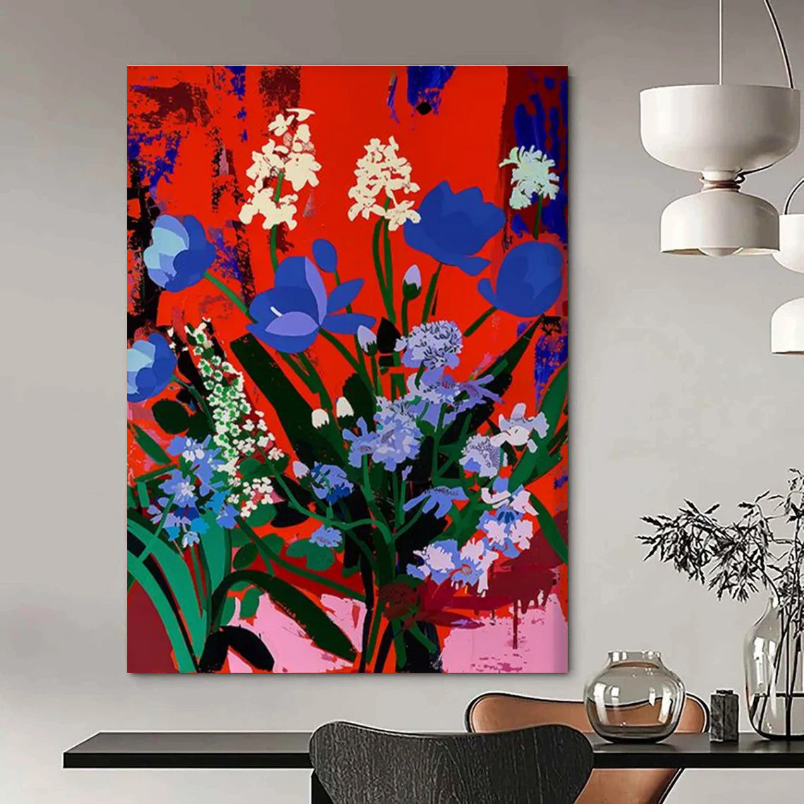 Blue and White Blooms on Red Abstract Flower Painting ADGE101