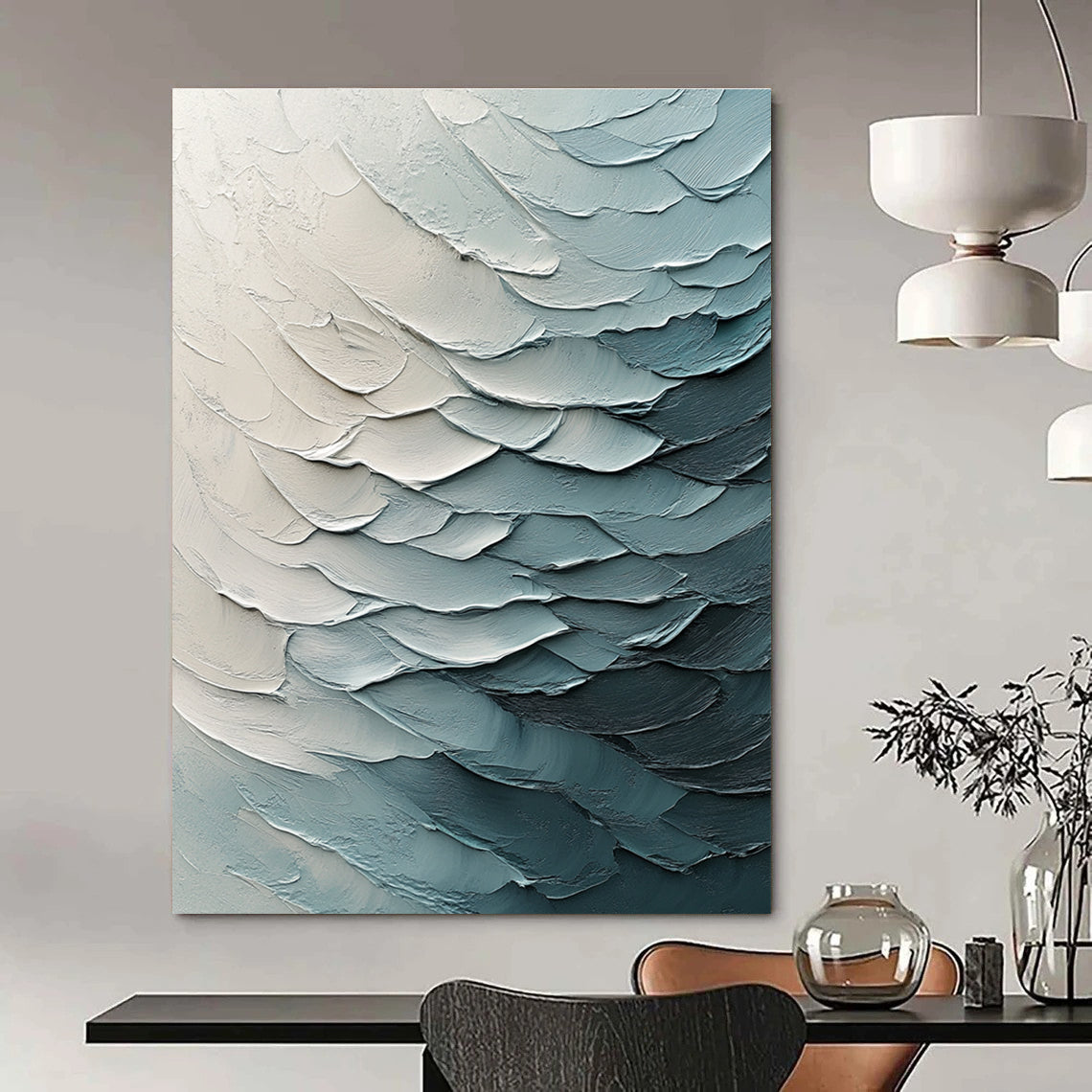 Large abstract painting with textured canvas and impasto strokes features fluid waves in light blue tones and volumetric lighting.STSC204