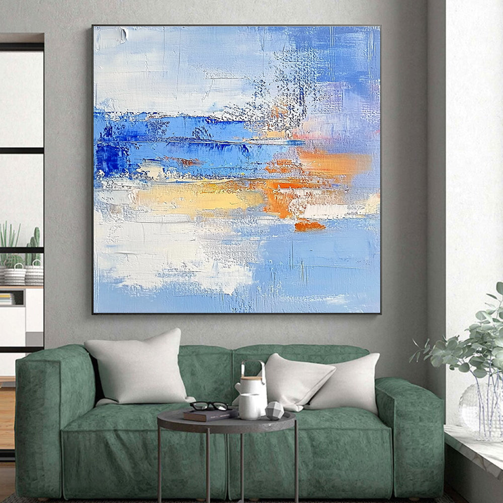 Light Blue and Orange Abstract Painting with Textured Layers GER617