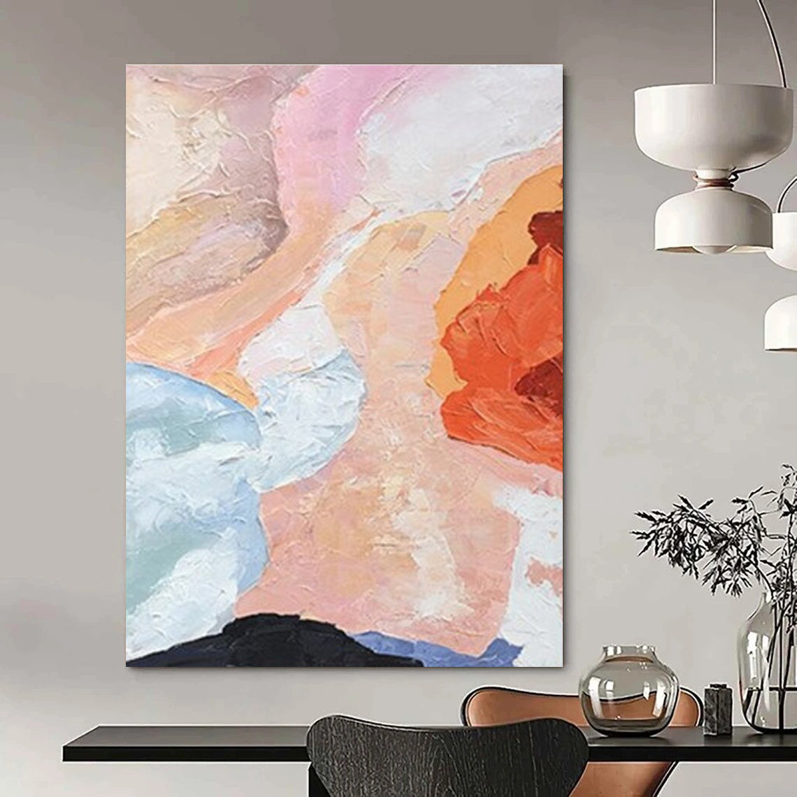 Soft Pink and Orange Abstract Painting with Textured Brushstrokes ADGE275