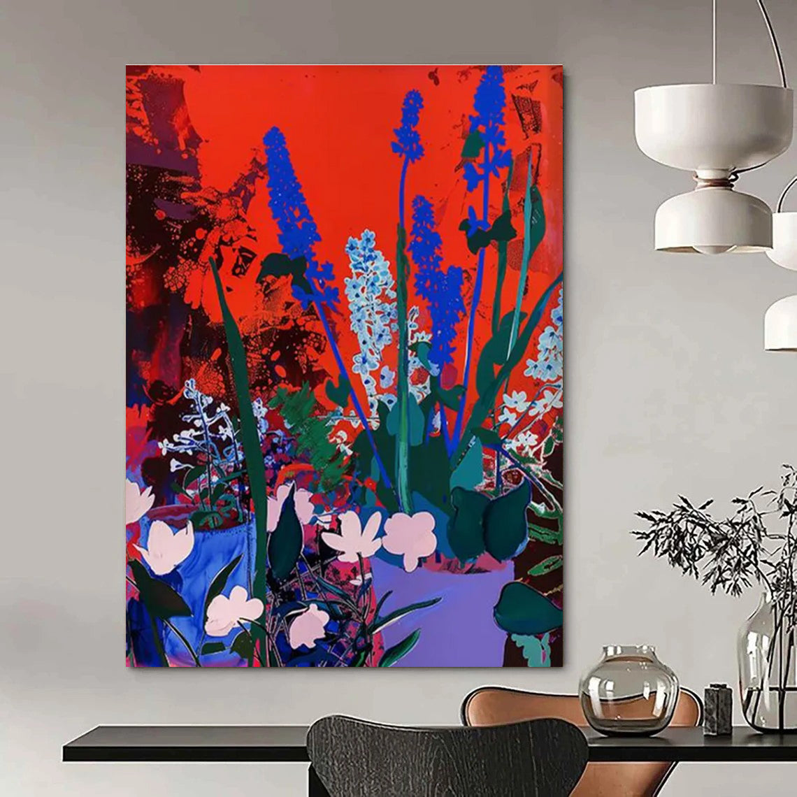 Blue Flowers on Red Background Abstract Painting ADGE100