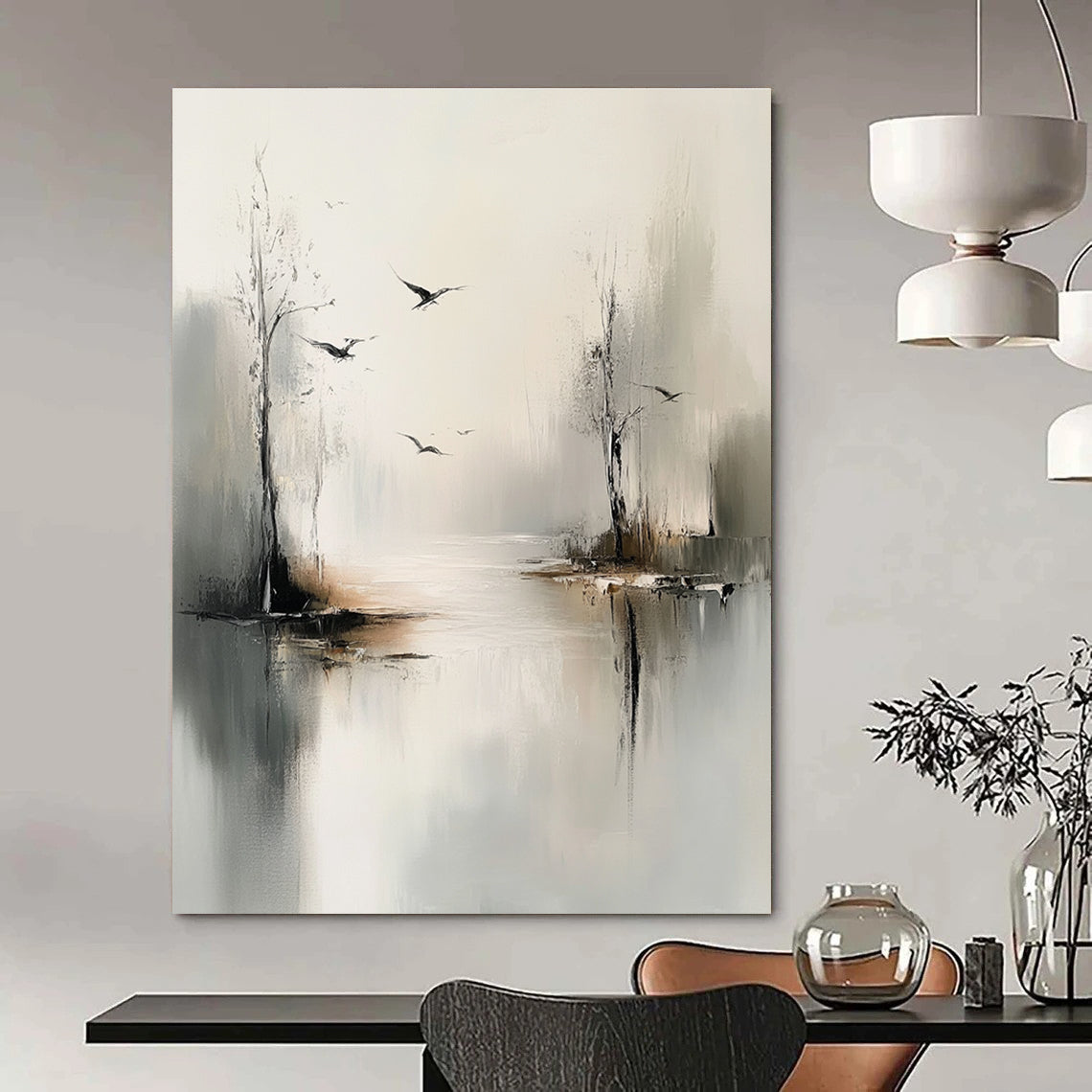 Large abstract painting of trees and birds over water in gray tones with a minimalist style and dreamy mood.STSC351