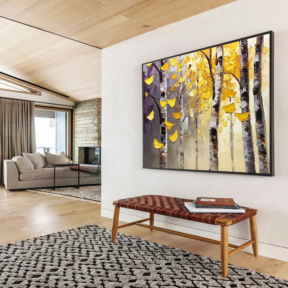 Autumn Birch Trees Abstract Painting with Yellow and Purple Tones DYP565