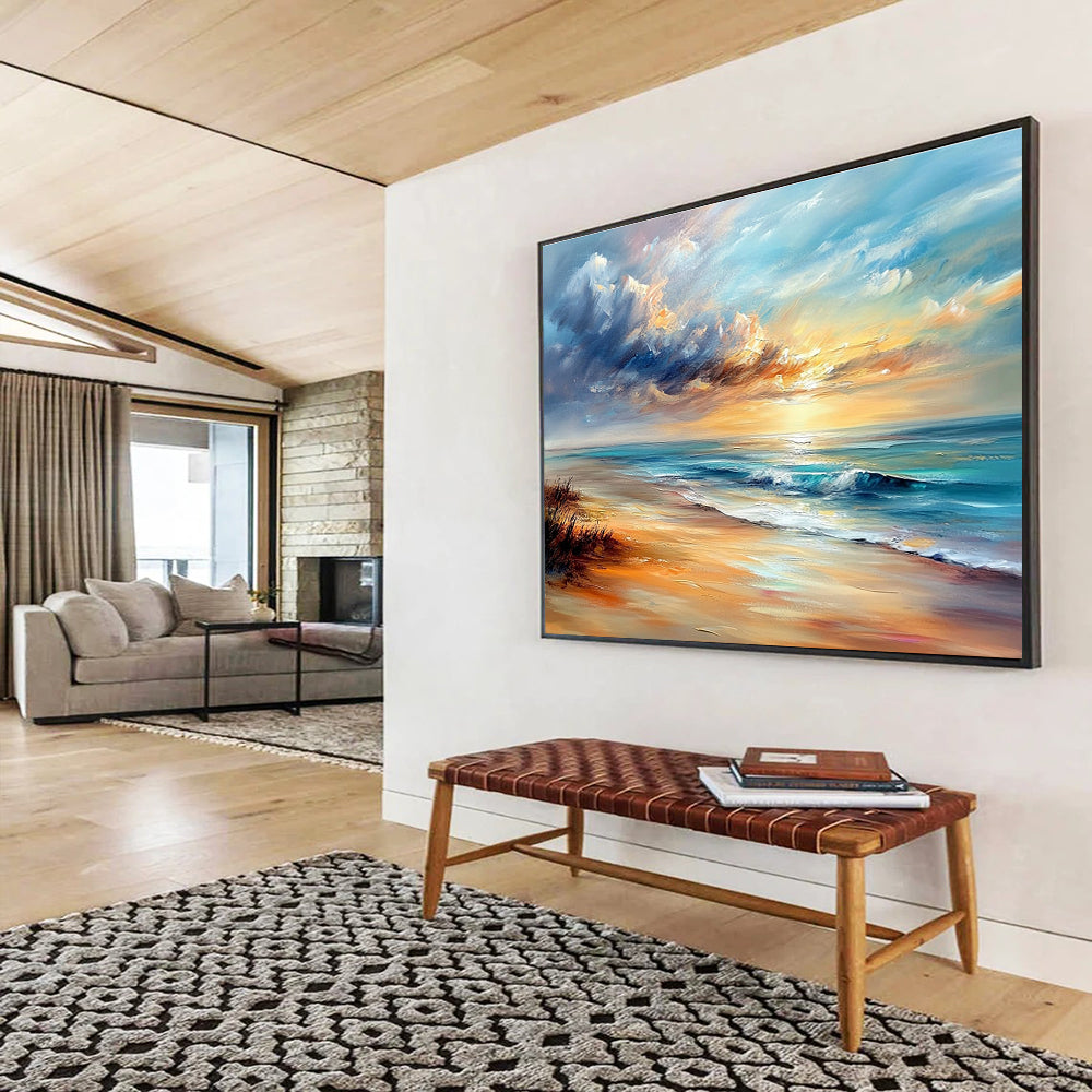 A large abstract painting capturing a serene beach scene with soft sunset colors and textured brush strokes in Impressionist style.SC415