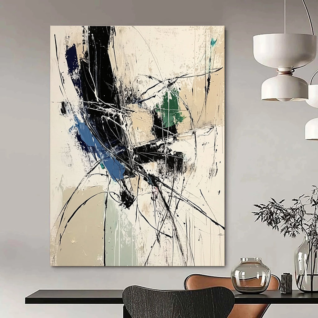 Large abstract painting featuring dynamic lines and organic shapes in white black and blue tones inspired by Zao Wou-Ki.STSC825