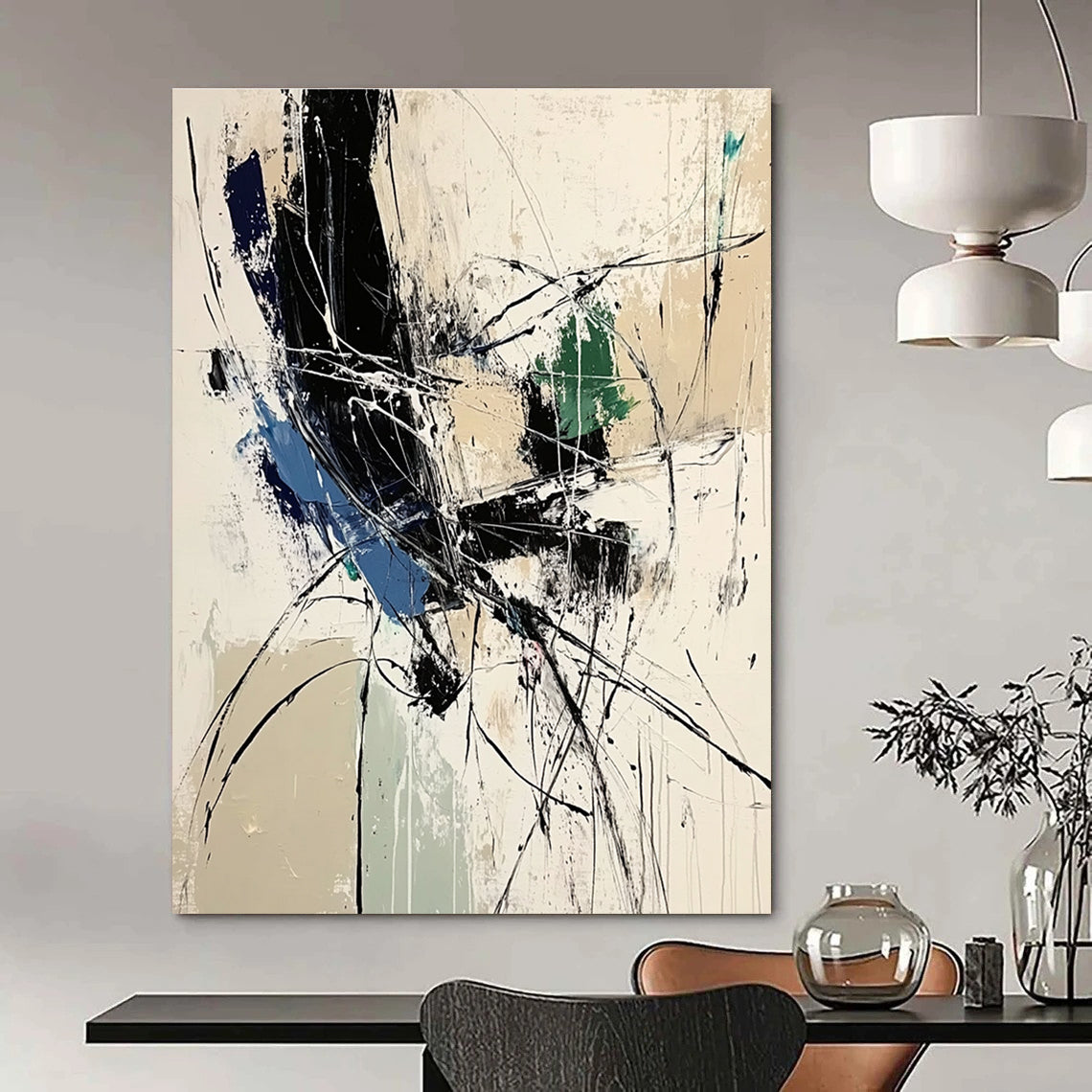Large abstract painting featuring dynamic lines and organic shapes in white black and blue tones inspired by Zao Wou-Ki.STSC825