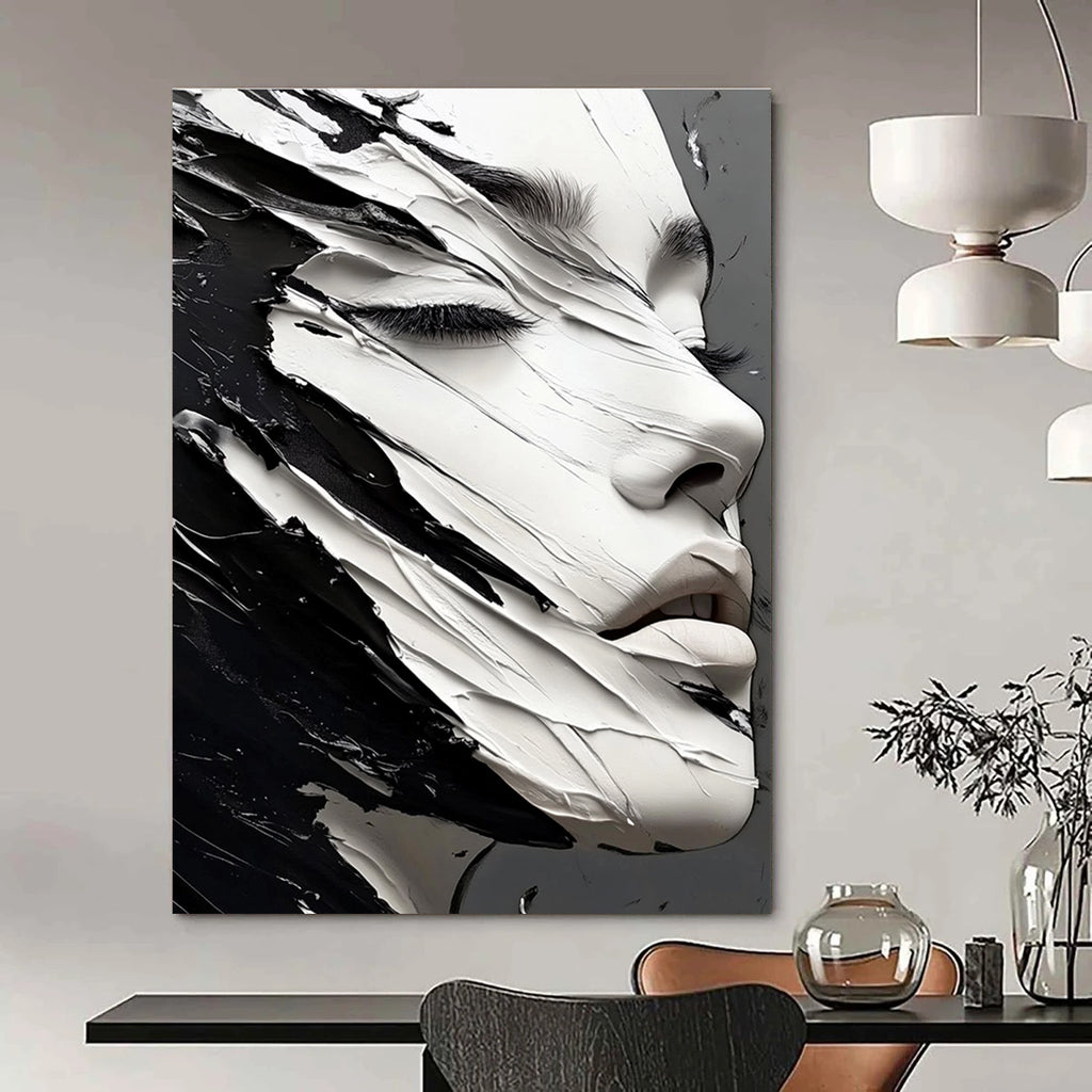 A large abstract painting featuring an elegant hyperrealistic black and white face showcasing intricate details and striking contrasts.STSC989