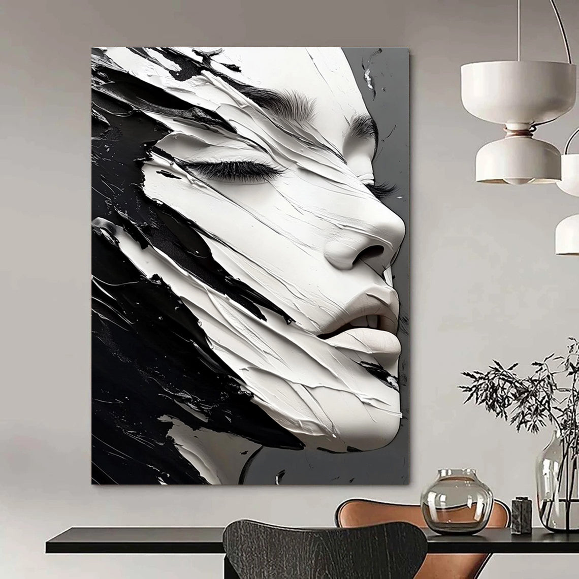 A large abstract painting featuring an elegant hyperrealistic black and white face showcasing intricate details and striking contrasts.STSC989