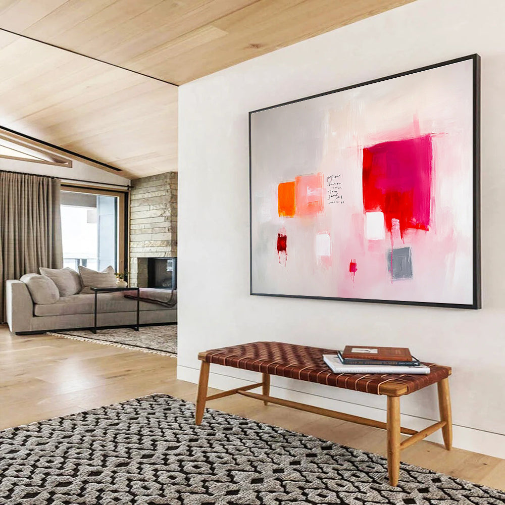 Large abstract painting featuring light pink and red tones with gray soft edges and minimalist brush strokes on a white background.SC242