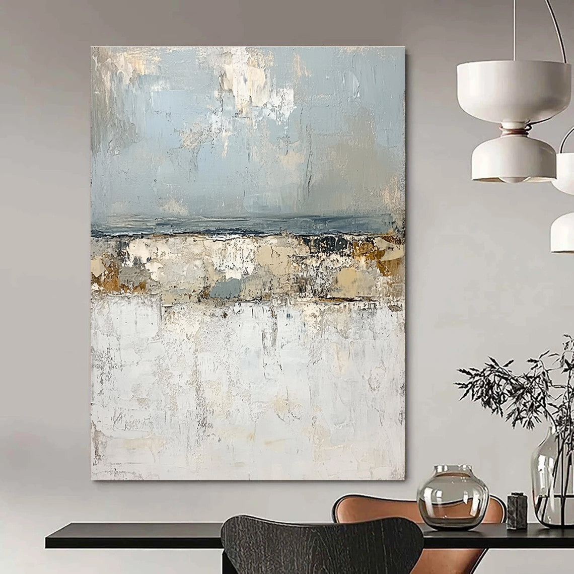 Large abstract painting of the open sea featuring impasto textures light blue and gray tones with serene landforms in white creating a tranquil atmosphere.STSC270