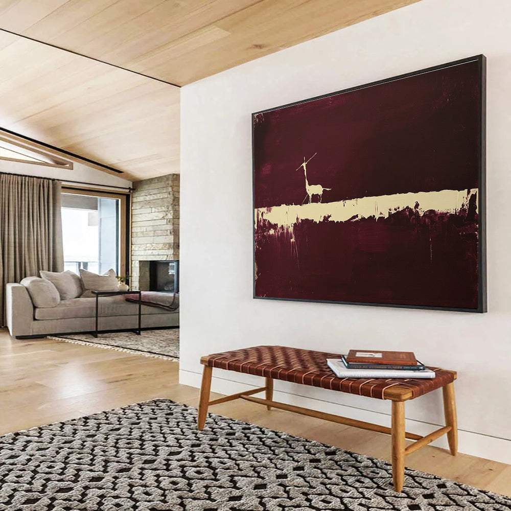 Large abstract painting featuring a minimalistic animal silhouette against a dark maroon backdrop with a striking white line drawing.SC094