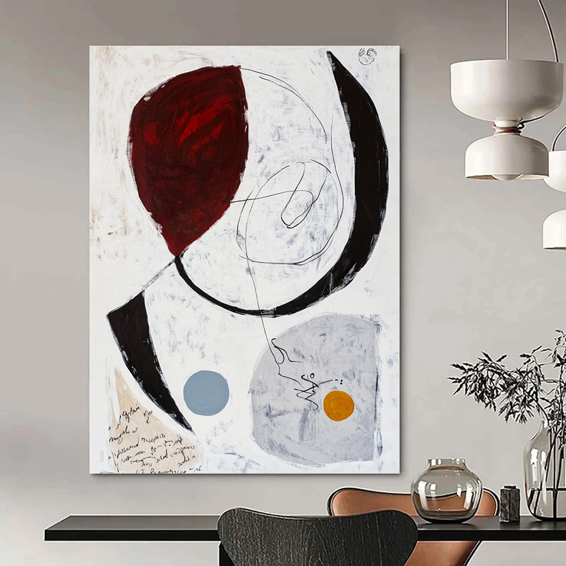 Large abstract painting featuring white grey and red tones with black lines and brown ink scribbles on paper.STSC829