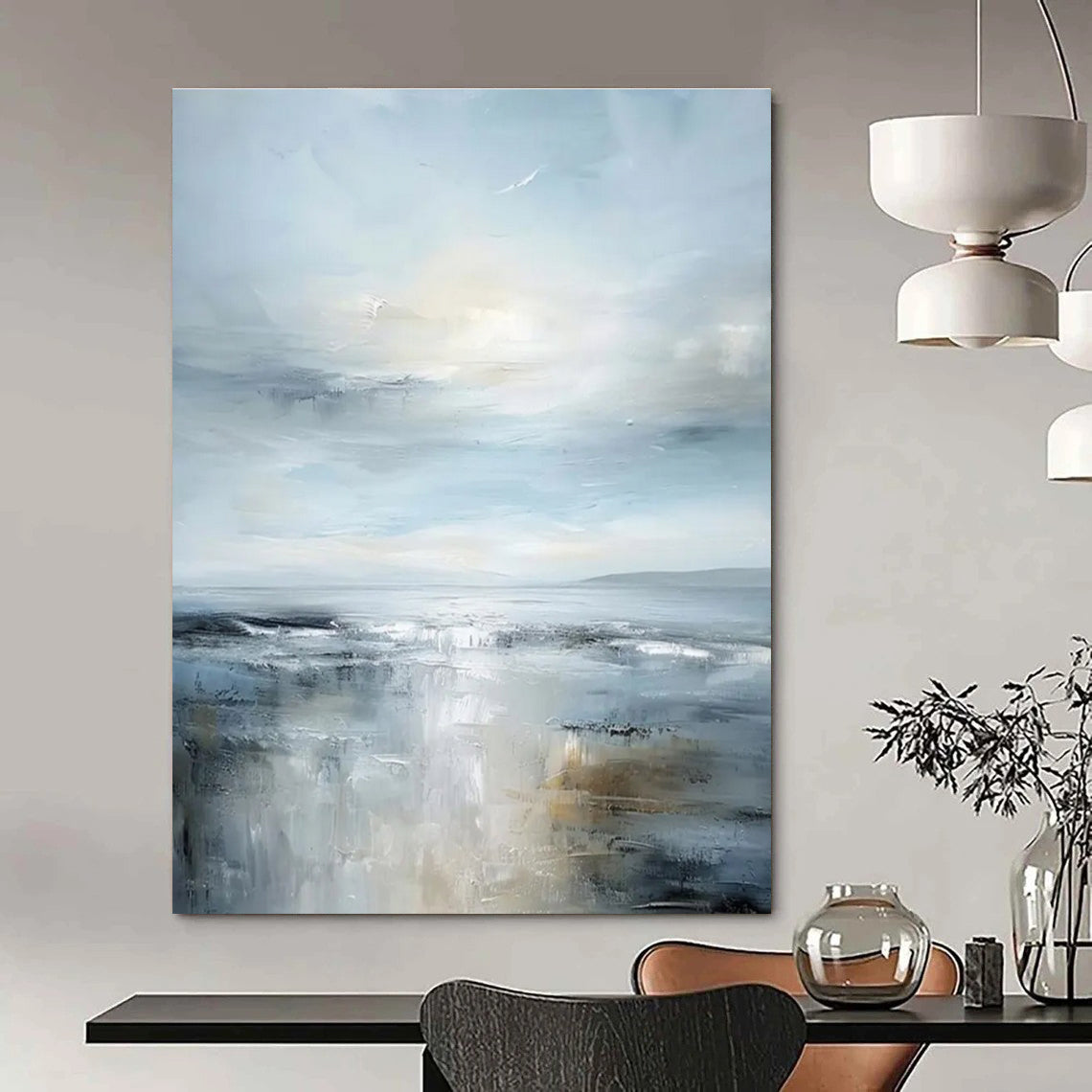Light Blue and Gray Sea - themed Abstract Painting for Serene Spaces ADGE059