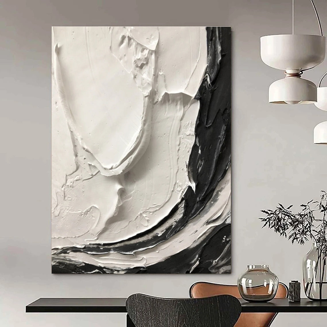Black and White Expressive Swirl Textured Abstract Painting ADGE387