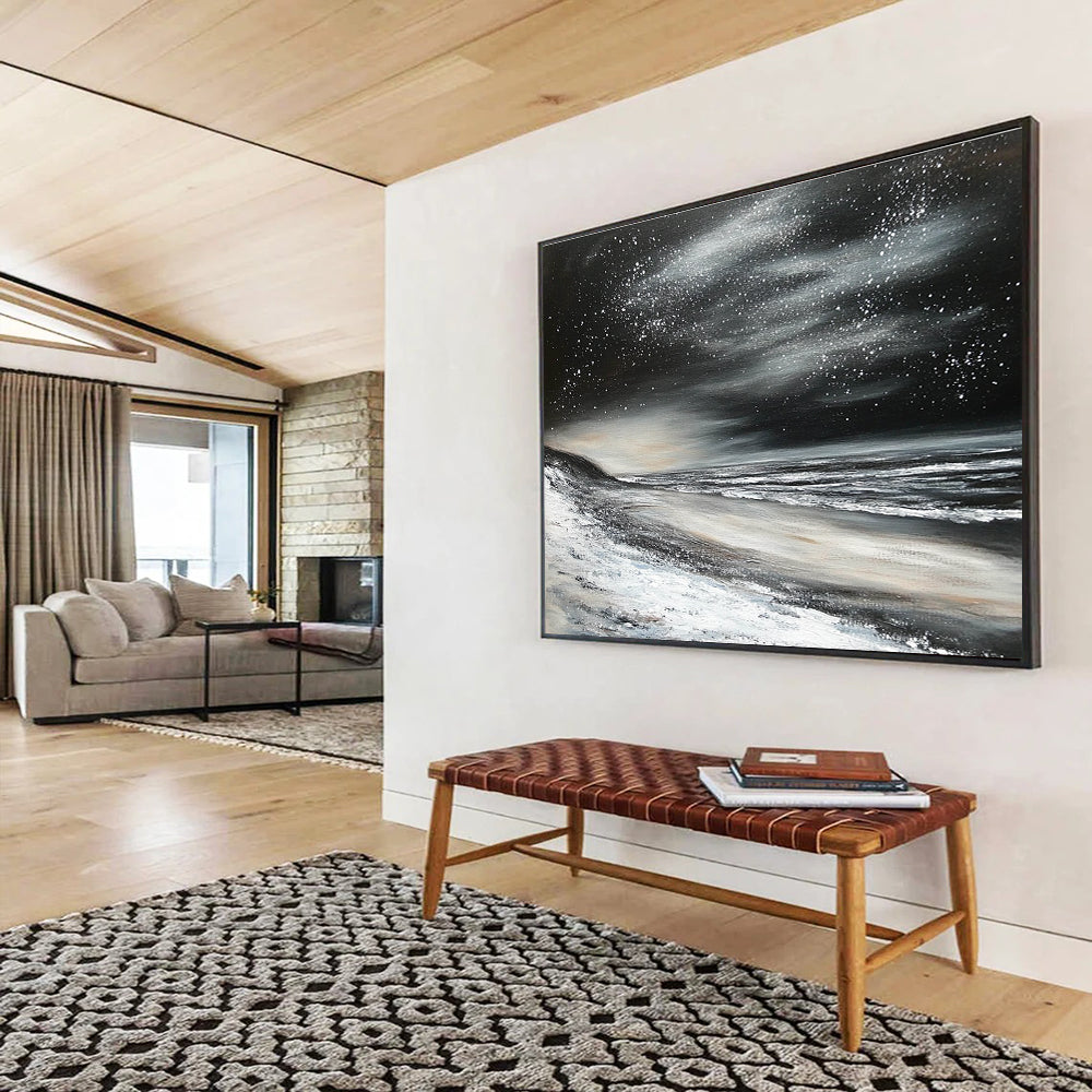Starry Night Beach Abstract Painting in Black and White DYP453
