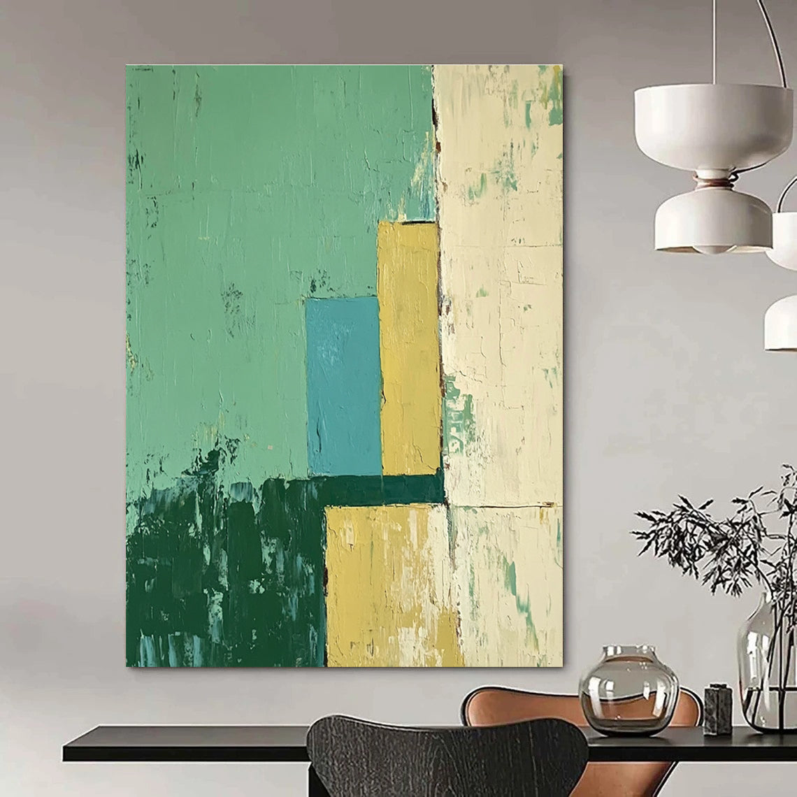 Large abstract oil painting featuring an architectural scene in green and yellow with blue accents, showcasing a minimalistic style.STSC144