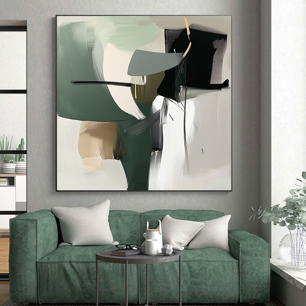 Green Gray Abstract Painting with Dynamic Shapes GER812
