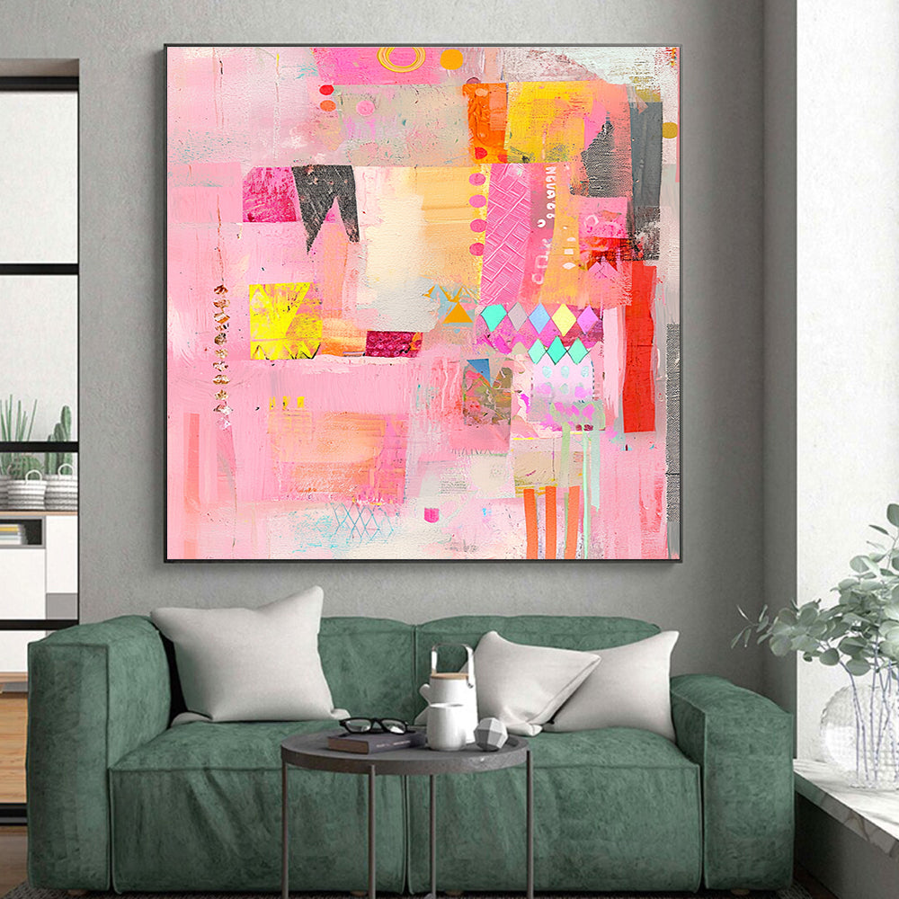 Pink and Colorful Mixed Media Abstract Collage Painting GER200