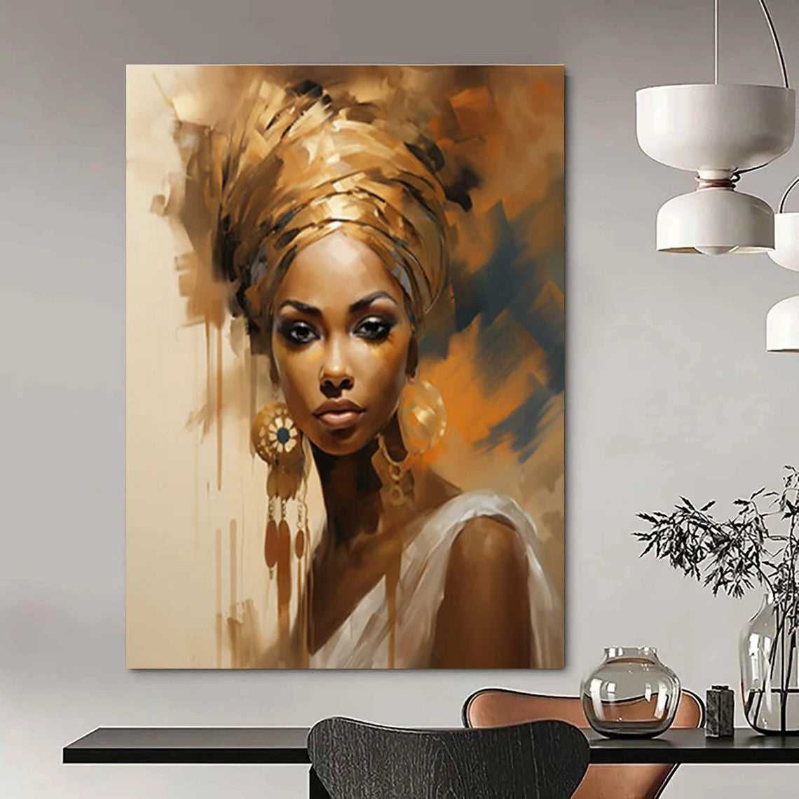 Golden - Hued Portrait with Ornate Details Abstract Painting ADGE125