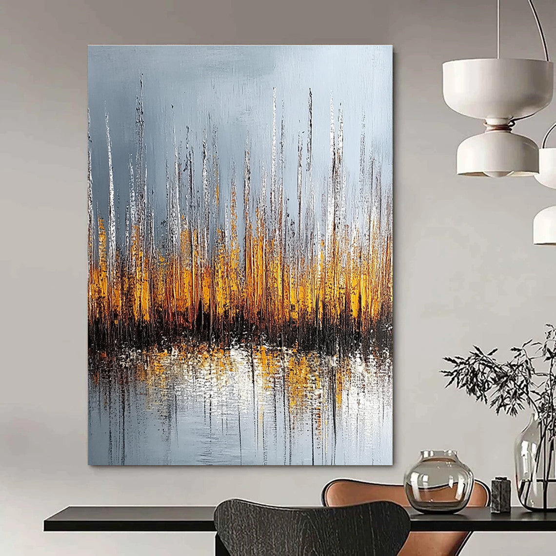 Large abstract painting of silver and gold reeds with reflections on water set against a muted gray background.STSC330